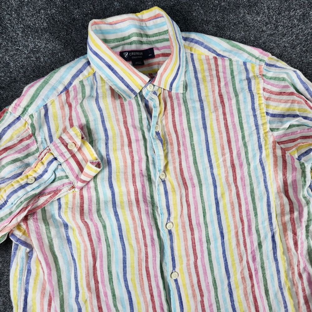 Cremieux 100% Linen Button Down Shirt Mens Large Multi Color Striped Long Sleeve